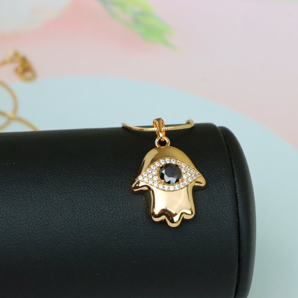 "Black Evil Eye Hamsa Pendant in Gold Plated Brass – Bold  Amulet, XPPT1756 - Picture 5 of 13